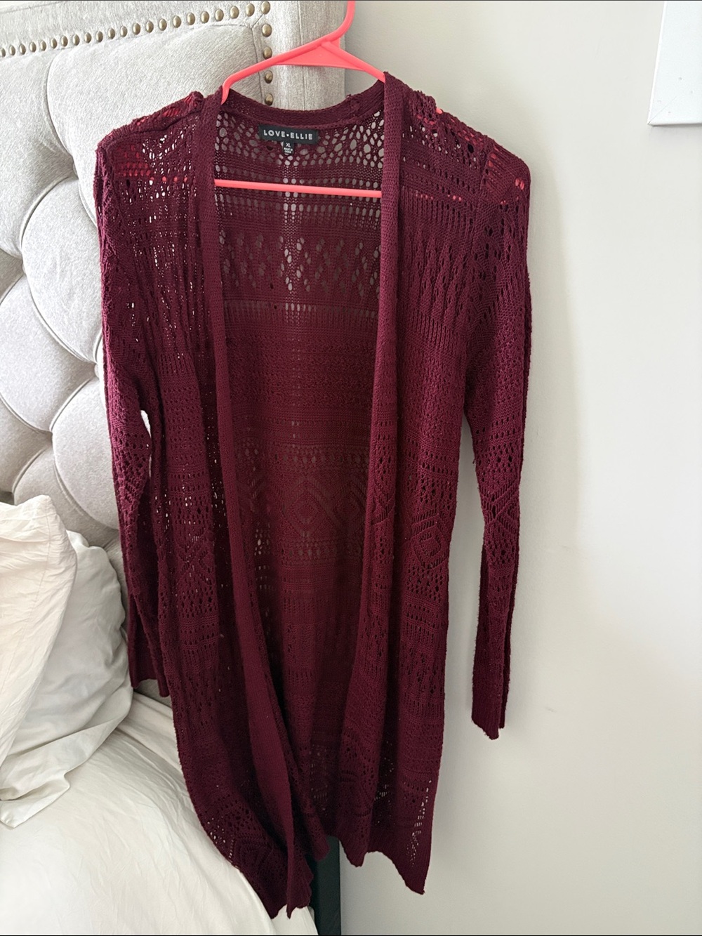 Love + Ellie Long Openfront Crochet Cardigan - Deep Burgundy